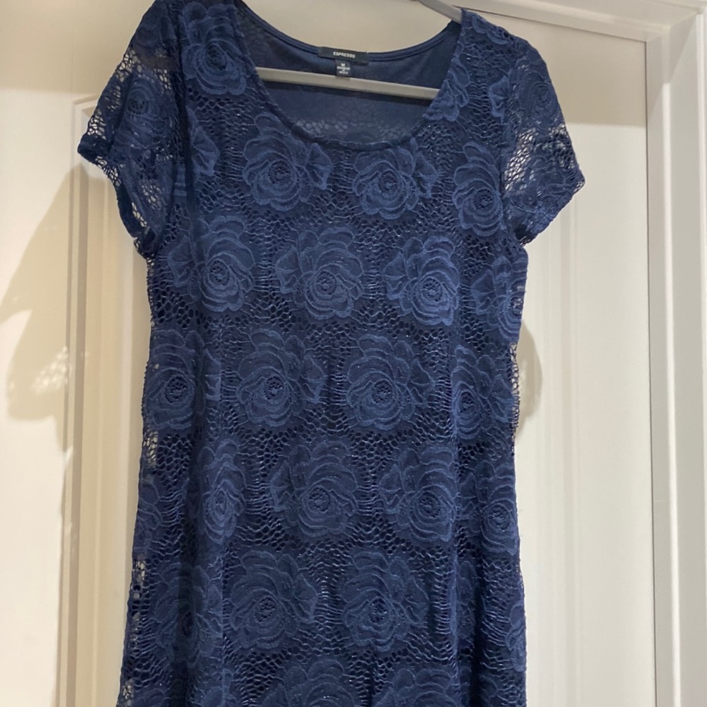 Navy blue lace with roses A line dress. Size M